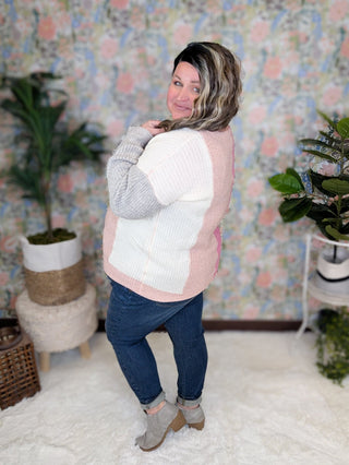 Amelia Confetti Colorblock Sweater in Cotton Candy-2- Long Sleeve Tops-KORI-Styled by Stacked - A Plus Size Women's Boutique in Lakeville, MN