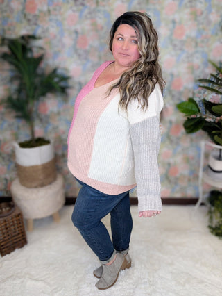 Amelia Confetti Colorblock Sweater in Cotton Candy-2- Long Sleeve Tops-KORI-Styled by Stacked - A Plus Size Women's Boutique in Lakeville, MN