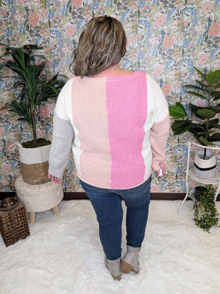 Amelia Confetti Colorblock Sweater in Cotton Candy-2- Long Sleeve Tops-KORI-Styled by Stacked - A Plus Size Women's Boutique in Lakeville, MN