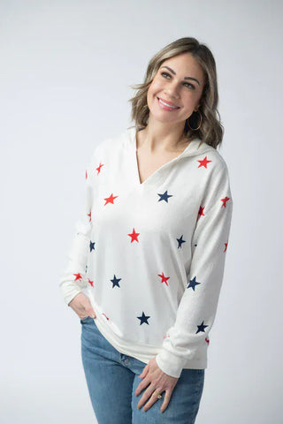 2- Long Sleeve Tops Americana Stars Vneck Hooded Top plus size clothing
