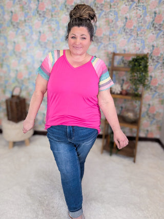 1- ShortSlv/Slvless Tops Amina Stripe Short Sleeve Raglan (2 Colors) plus size clothing