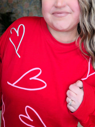Amore Red Pullover w/Puff Hearts-2- Long Sleeve Tops-WHITE BIRCH-Styled by Stacked - A Plus Size Women's Boutique in Lakeville, MN