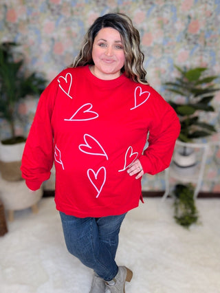 Amore Red Pullover w/Puff Hearts-2- Long Sleeve Tops-WHITE BIRCH-Styled by Stacked - A Plus Size Women's Boutique in Lakeville, MN