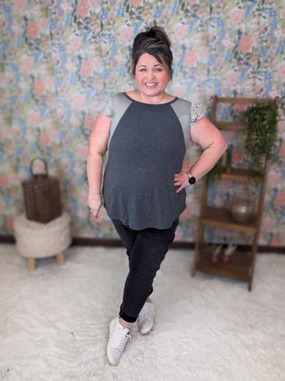 1- ShortSlv/Slvless Tops Amy Stripe + Floral Accent Top in Charcoal plus size clothing