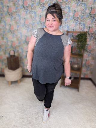 1- ShortSlv/Slvless Tops Amy Stripe + Floral Accent Top in Charcoal plus size clothing