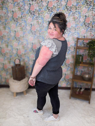 1- ShortSlv/Slvless Tops Amy Stripe + Floral Accent Top in Charcoal plus size clothing