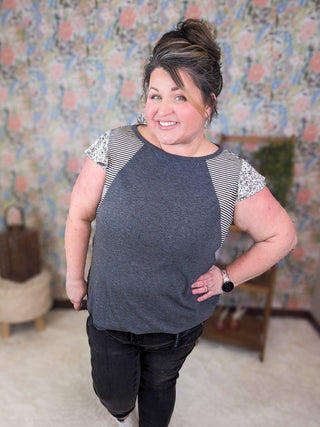 1- ShortSlv/Slvless Tops Amy Stripe + Floral Accent Top in Charcoal plus size clothing