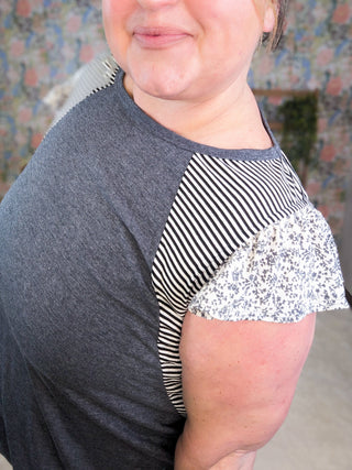 1- ShortSlv/Slvless Tops Amy Stripe + Floral Accent Top in Charcoal plus size clothing