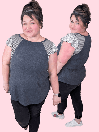 1- ShortSlv/Slvless Tops Amy Stripe + Floral Accent Top in Charcoal plus size clothing
