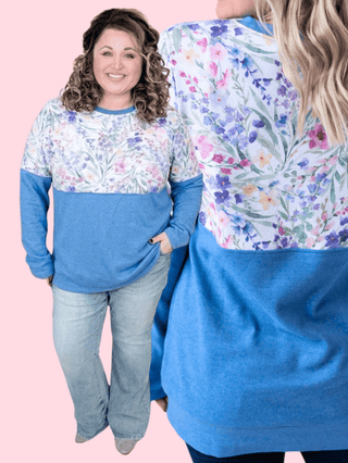 Amy Triple Stretch Pullover in Blue + Cottage Wildflower-2- Long Sleeve Tops-MICHELLE MAE-Styled by Stacked - A Plus Size Women's Boutique in Lakeville, MN