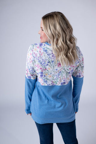 Amy Triple Stretch Pullover in Blue + Cottage Wildflower-2- Long Sleeve Tops-MICHELLE MAE-Styled by Stacked - A Plus Size Women's Boutique in Lakeville, MN