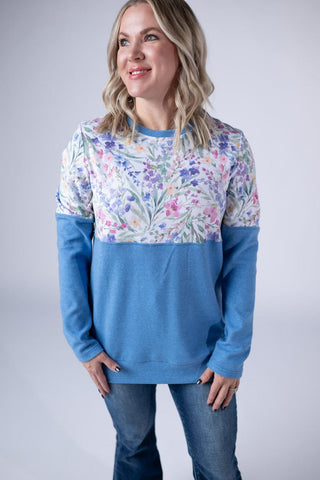 Amy Triple Stretch Pullover in Blue + Cottage Wildflower-2- Long Sleeve Tops-MICHELLE MAE-Styled by Stacked - A Plus Size Women's Boutique in Lakeville, MN