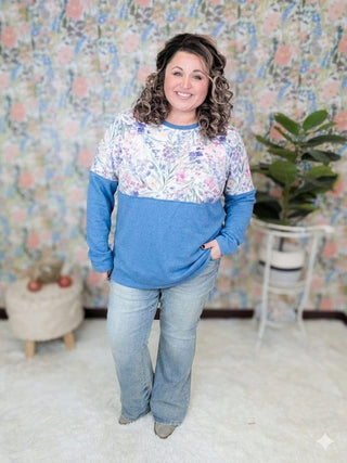 Amy Triple Stretch Pullover in Blue + Cottage Wildflower-2- Long Sleeve Tops-MICHELLE MAE-Styled by Stacked - A Plus Size Women's Boutique in Lakeville, MN