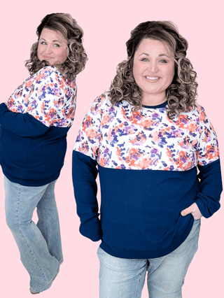 Amy Triple Stretch Pullover in Navy + Painted Floral-2- Long Sleeve Tops-MICHELLE MAE-Styled by Stacked - A Plus Size Women's Boutique in Lakeville, MN