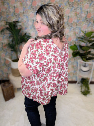 Anastasia Vintage Floral Double Vneck Top (2 COLORS)-1- ShortSlv/Slvless Tops-BE STAGE-Styled by Stacked - A Plus Size Women's Boutique in Lakeville, MN