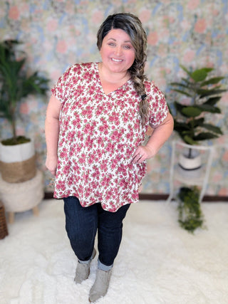 Anastasia Vintage Floral Double Vneck Top (2 COLORS)-1- ShortSlv/Slvless Tops-BE STAGE-Styled by Stacked - A Plus Size Women's Boutique in Lakeville, MN