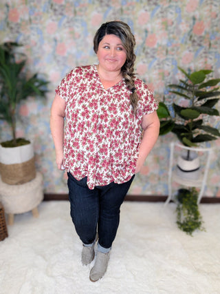 Anastasia Vintage Floral Double Vneck Top (2 COLORS)-1- ShortSlv/Slvless Tops-BE STAGE-Styled by Stacked - A Plus Size Women's Boutique in Lakeville, MN