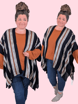 4- Overlayer Tops Andrea Black w/ Textured Rust Stripe Kimono plus size clothing
