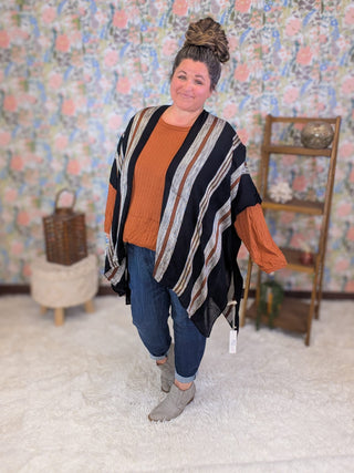 4- Overlayer Tops Andrea Black w/ Textured Rust Stripe Kimono plus size clothing