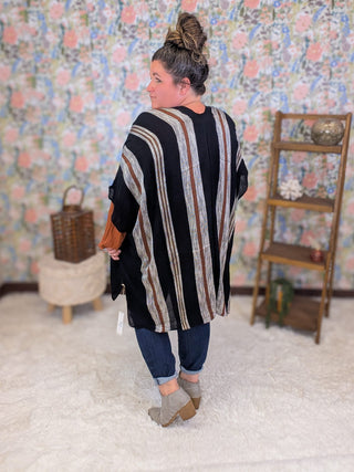 4- Overlayer Tops Andrea Black w/ Textured Rust Stripe Kimono plus size clothing