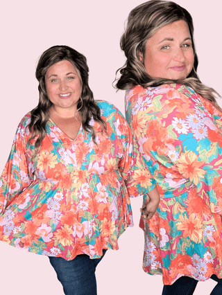 Anika Kimono Cut Shaping Top in Sunset Floral-1- ShortSlv/Slvless Tops-WHITE BIRCH-Styled by Stacked - A Plus Size Women's Boutique in Lakeville, MN