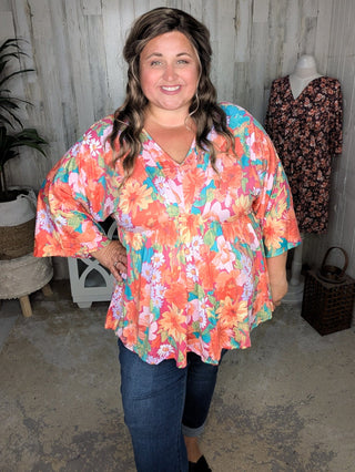 Anika Kimono Cut Shaping Top in Sunset Floral-1- ShortSlv/Slvless Tops-WHITE BIRCH-Styled by Stacked - A Plus Size Women's Boutique in Lakeville, MN