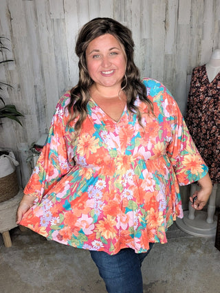 Anika Kimono Cut Shaping Top in Sunset Floral-1- ShortSlv/Slvless Tops-WHITE BIRCH-Styled by Stacked - A Plus Size Women's Boutique in Lakeville, MN