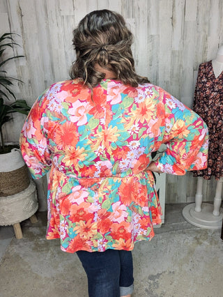 Anika Kimono Cut Shaping Top in Sunset Floral-1- ShortSlv/Slvless Tops-WHITE BIRCH-Styled by Stacked - A Plus Size Women's Boutique in Lakeville, MN