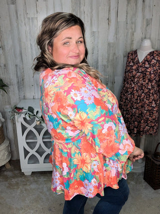Anika Kimono Cut Shaping Top in Sunset Floral-1- ShortSlv/Slvless Tops-WHITE BIRCH-Styled by Stacked - A Plus Size Women's Boutique in Lakeville, MN
