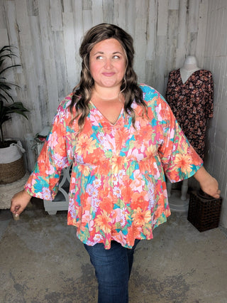 Anika Kimono Cut Shaping Top in Sunset Floral-1- ShortSlv/Slvless Tops-WHITE BIRCH-Styled by Stacked - A Plus Size Women's Boutique in Lakeville, MN
