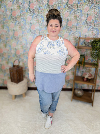 Anita Strappy Detail Tank in Floral + Stripe Colorblock (3 Colors)-1- ShortSlv/Slvless Tops-LOVELY MELODY-Styled by Stacked - A Plus Size Women's Boutique in Lakeville, MN