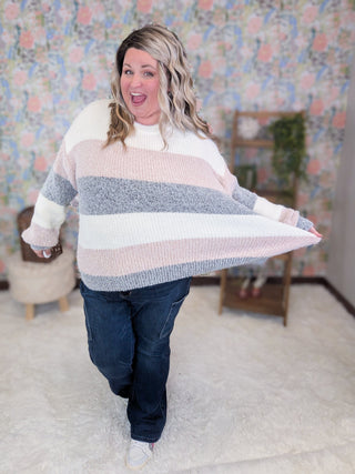 Annabelle Cozy Blocked Sweater in Mauve, Ivory + Gray-2- Long Sleeve Tops-MICHELLE MAE-Styled by Stacked - A Plus Size Women's Boutique in Lakeville, MN