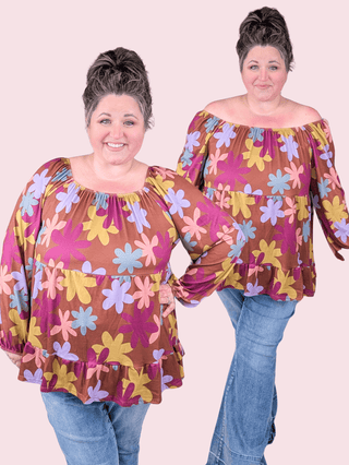 Annette U-Neck Retro Floral Tiered Long Sleeve in Warm Cocoa-2- Long Sleeve Tops-HEIMISH-Styled by Stacked - A Plus Size Women's Boutique in Lakeville, MN