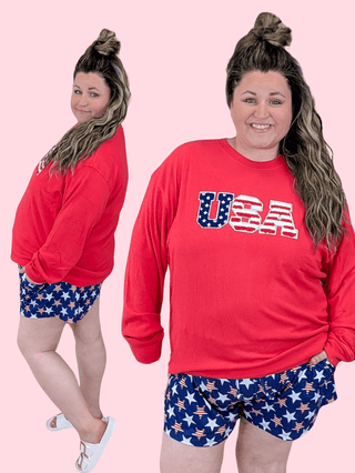 2- Long Sleeve Tops Annie Ribbed Pullover in USA Red plus size clothing