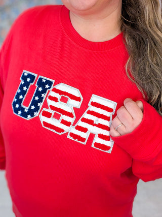 2- Long Sleeve Tops Annie Ribbed Pullover in USA Red plus size clothing