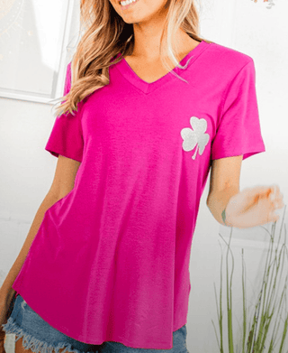 Aoife Vneck Tee w/Small Sparkle Clover-6- Graphic Tops-HEIMISH-Styled by Stacked - A Plus Size Women's Boutique in Lakeville, MN