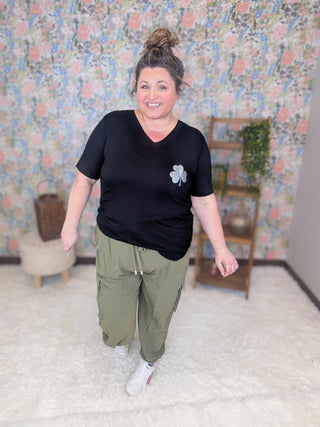 Aoife Vneck Tee w/Small Sparkle Clover-6- Graphic Tops-HEIMISH-Styled by Stacked - A Plus Size Women's Boutique in Lakeville, MN