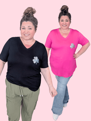 Aoife Vneck Tee w/Small Sparkle Clover-6- Graphic Tops-HEIMISH-Styled by Stacked - A Plus Size Women's Boutique in Lakeville, MN
