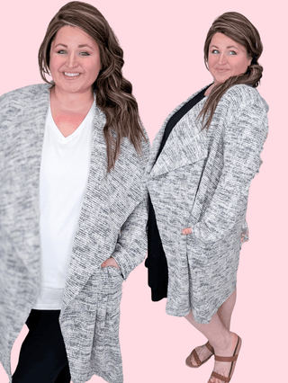 4- Overlayer Tops April Heathered + Draped Cardigan w/Pockets plus size clothing