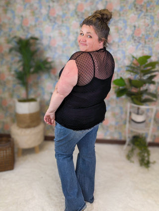 Arden Mockneck Swiss Dot Sheer Top w/Cami-1- ShortSlv/Slvless Tops-WHITE BIRCH-Styled by Stacked - A Plus Size Women's Boutique in Lakeville, MN