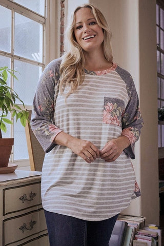 Ariel Floral Sleeve Striped Raglan Top (2 Colors)-2- Long Sleeve Tops-LOVELY MELODY-Styled by Stacked - A Plus Size Women's Boutique in Lakeville, MN