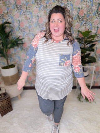 Ariel Floral Sleeve Striped Raglan Top (2 Colors)-2- Long Sleeve Tops-LOVELY MELODY-Styled by Stacked - A Plus Size Women's Boutique in Lakeville, MN