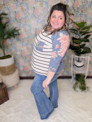 Ariel Floral Sleeve Striped Raglan Top (2 Colors)-2- Long Sleeve Tops-LOVELY MELODY-Styled by Stacked - A Plus Size Women's Boutique in Lakeville, MN