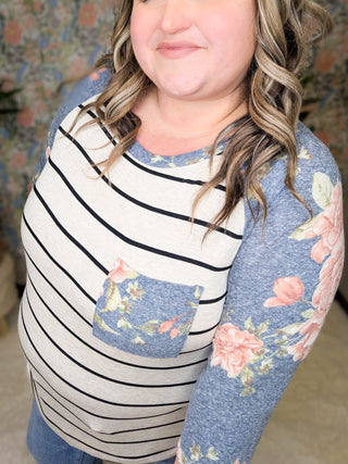 Ariel Floral Sleeve Striped Raglan Top (2 Colors)-2- Long Sleeve Tops-LOVELY MELODY-Styled by Stacked - A Plus Size Women's Boutique in Lakeville, MN