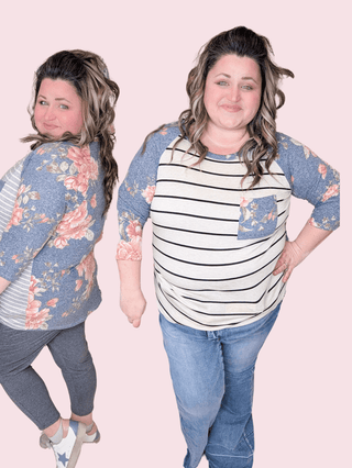 Ariel Floral Sleeve Striped Raglan Top (2 Colors)-2- Long Sleeve Tops-LOVELY MELODY-Styled by Stacked - A Plus Size Women's Boutique in Lakeville, MN