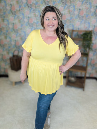 Ashlyn Vneck Short Sleeve Babydoll Tee in Solids-1- ShortSlv/Slvless Tops-BE STAGE-Styled by Stacked - A Plus Size Women's Boutique in Lakeville, MN