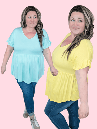 Ashlyn Vneck Short Sleeve Babydoll Tee in Solids-1- ShortSlv/Slvless Tops-BE STAGE-Styled by Stacked - A Plus Size Women's Boutique in Lakeville, MN