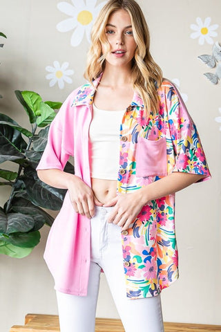 Audra Pink Floral Short Sleeve Button Down Top-1- ShortSlv/Slvless Tops-HEIMISH-Styled by Stacked - A Plus Size Women's Boutique in Lakeville, MN