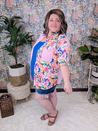 Audra Pink Floral Short Sleeve Button Down Top-1- ShortSlv/Slvless Tops-HEIMISH-Styled by Stacked - A Plus Size Women's Boutique in Lakeville, MN