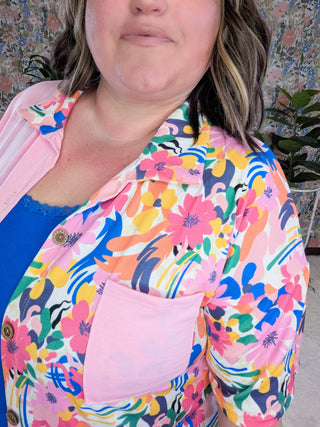 Audra Pink Floral Short Sleeve Button Down Top-1- ShortSlv/Slvless Tops-HEIMISH-Styled by Stacked - A Plus Size Women's Boutique in Lakeville, MN